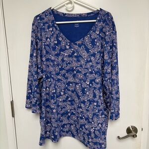 J. Jill Women's Blue Paisley Pima Cotton 3/4 Sleeve V-Neck Size 4X